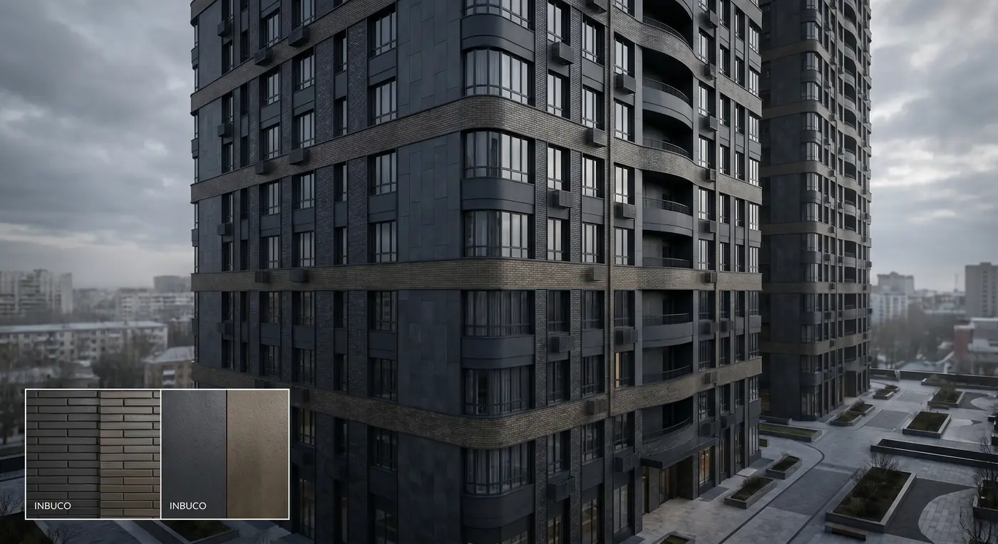 Фасад многоквартирного дома с гибкой керамикой INBUCO